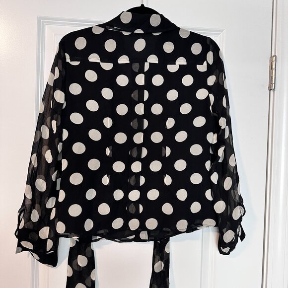 JONES NEW YORK PETITE  | Polka Dot Blouse w Sheer Sleeves | Blk White | Size: 6P - Picture 2 of 13